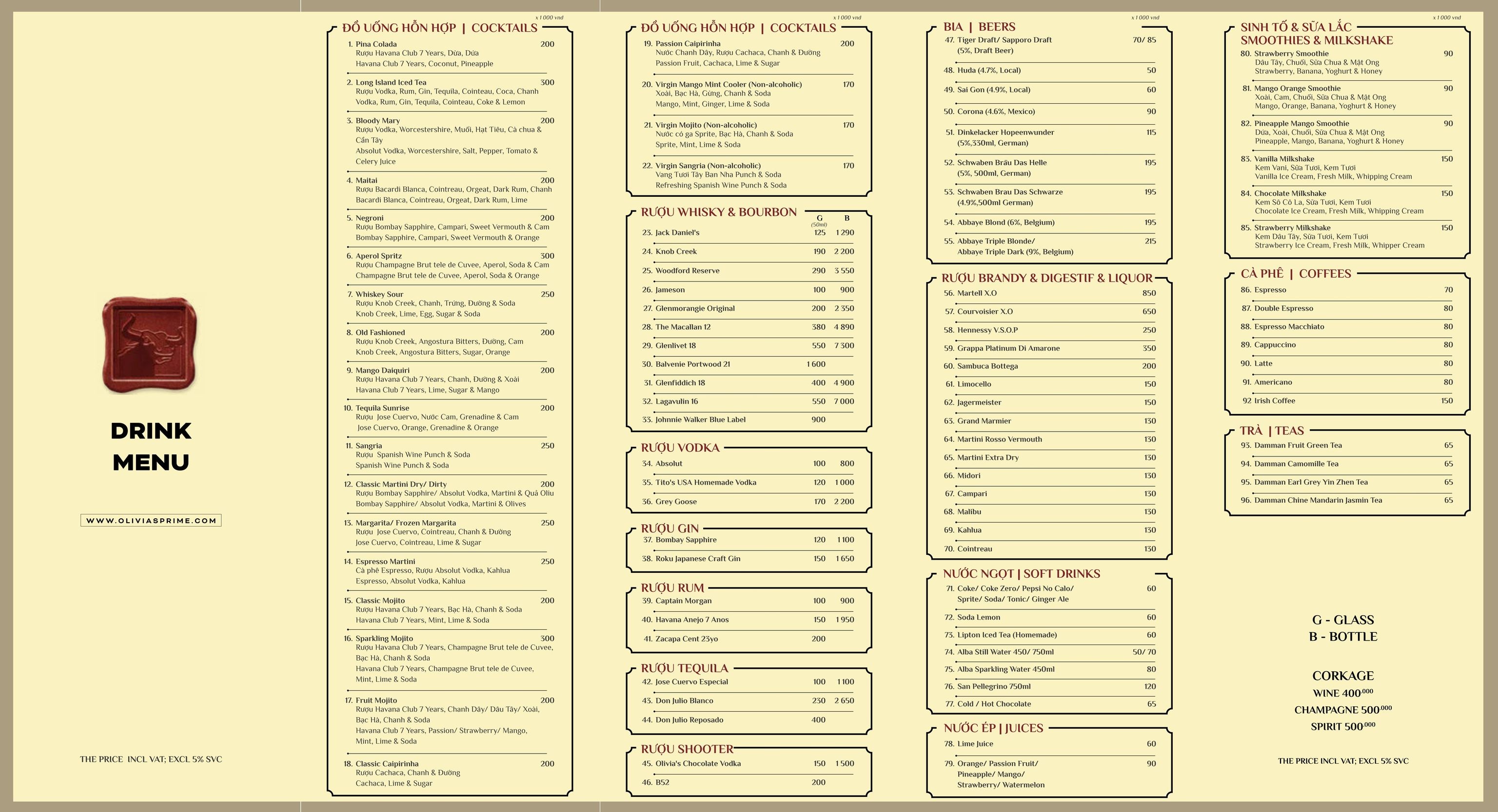 Olivia's Prime Steakhouse Drink Menu
