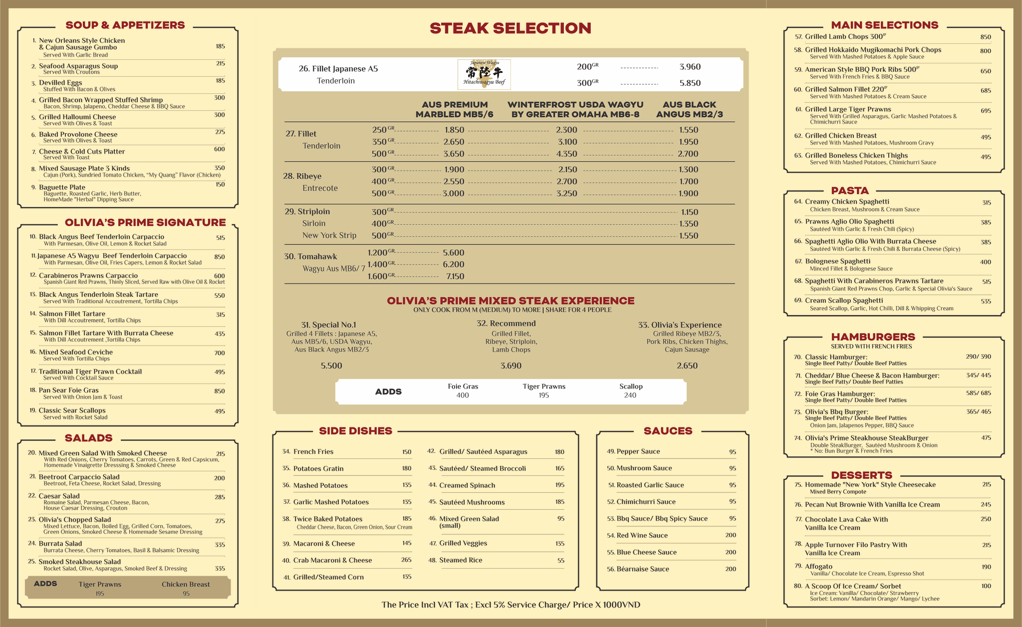 Olivia's Prime Steakhouse Saigon Food menu