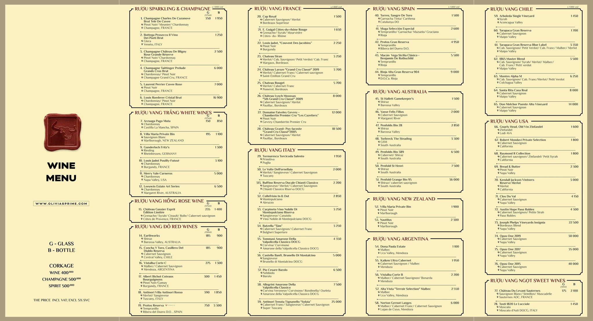 Olivia's Prime Steakhouse Wine Menu
