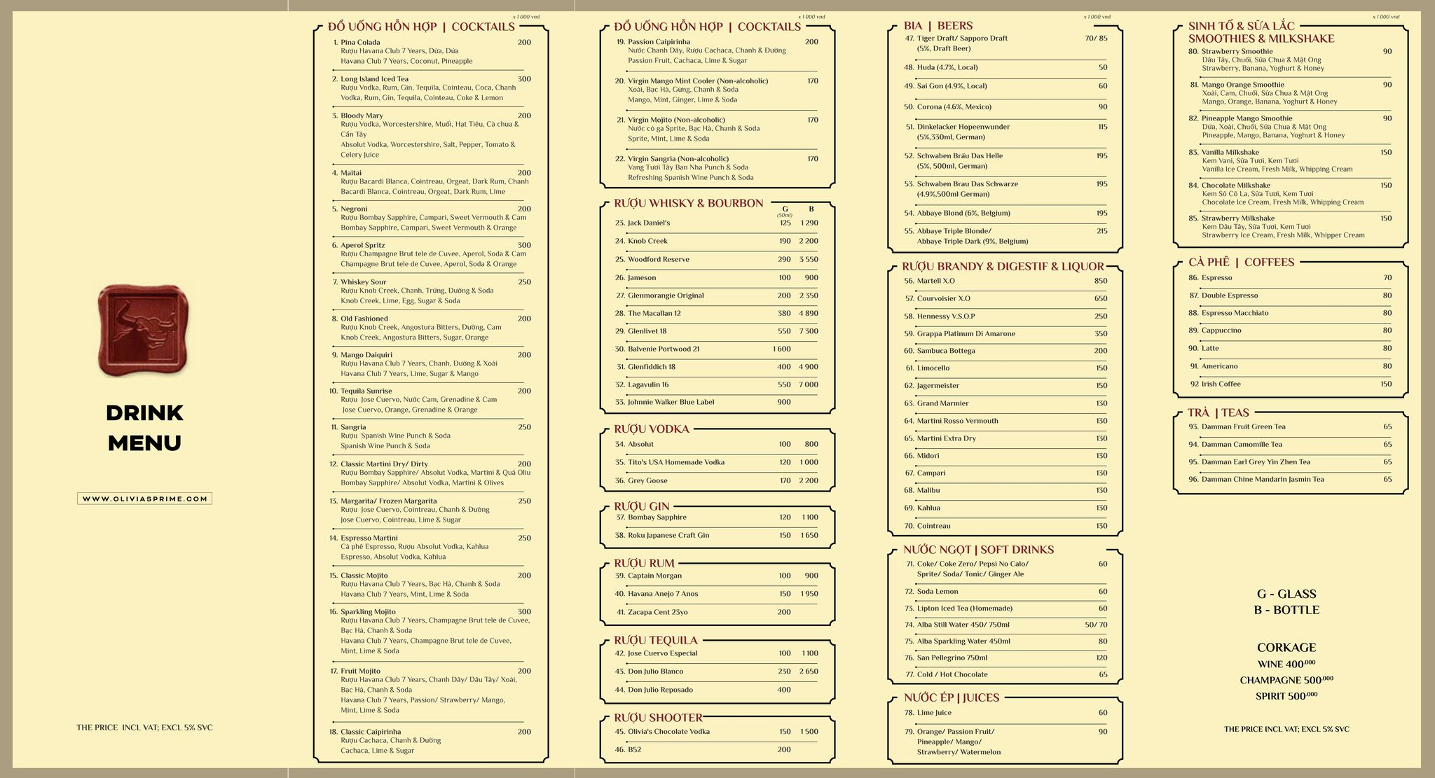 Olivia's Prime Steakhouse Drink Menu